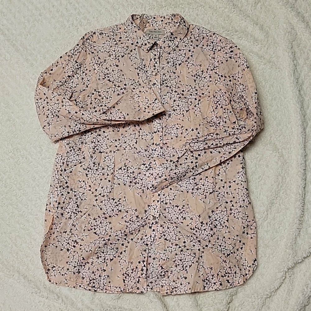 Calvin Klein Jeans Printed Button Down Shirt, Size Medium, Pink Floral Print